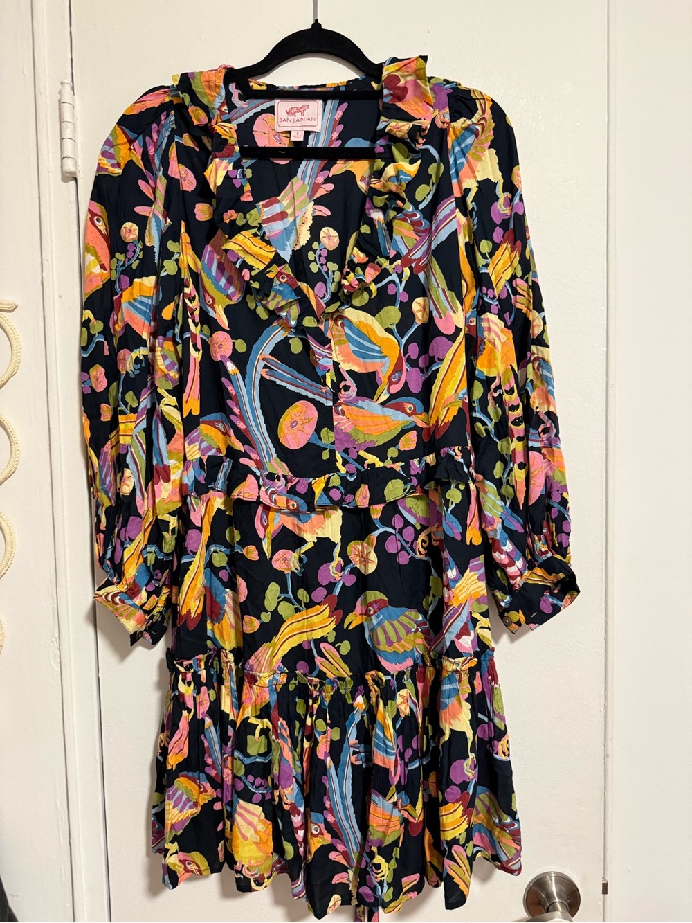 Banjanan Florence Black Floral Multicolor Ruffle Long Sleeve Tiered Dress